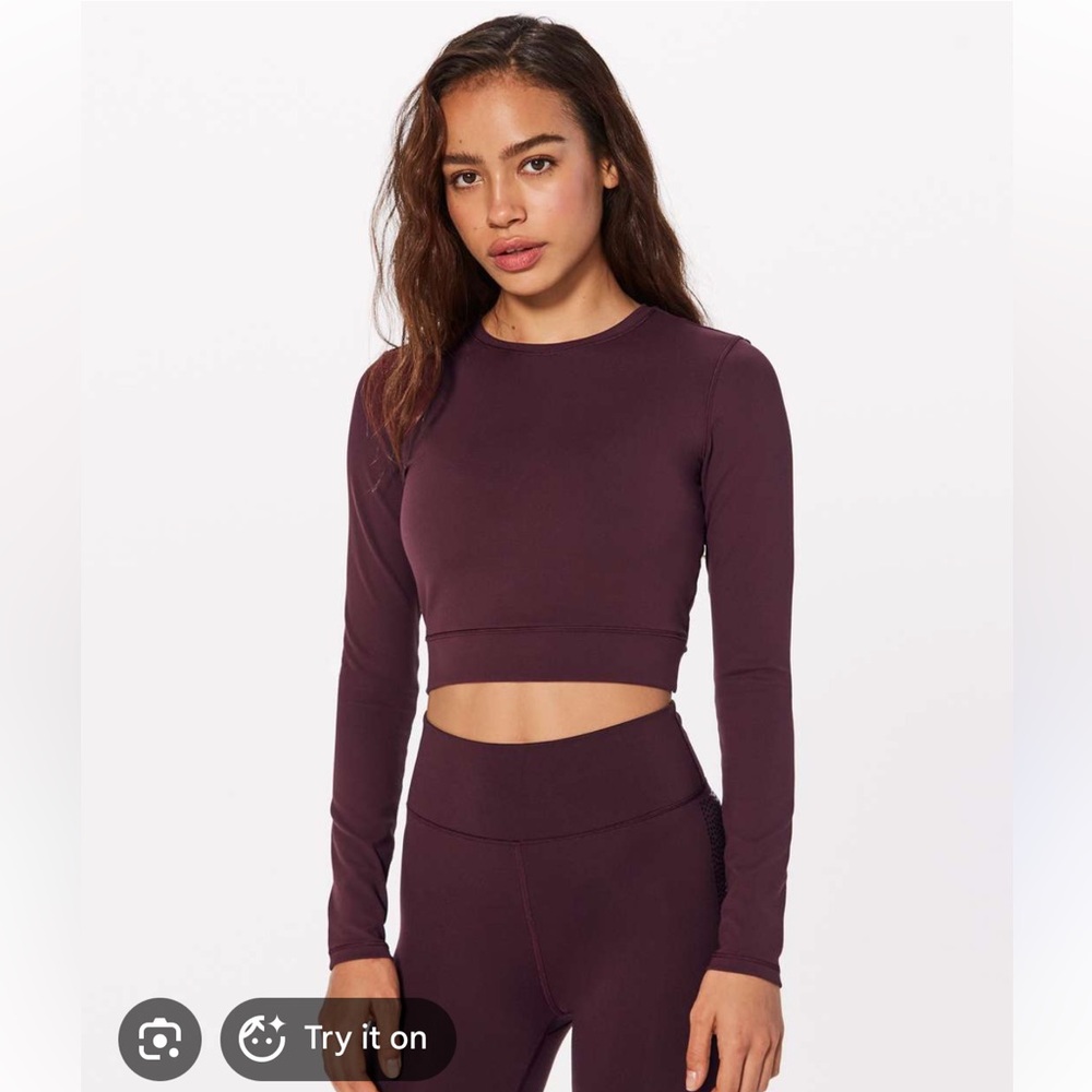 Lululemon Plank to Pike Long Sleeve Crop Top Size 6 Burgundy Open Back Yoga